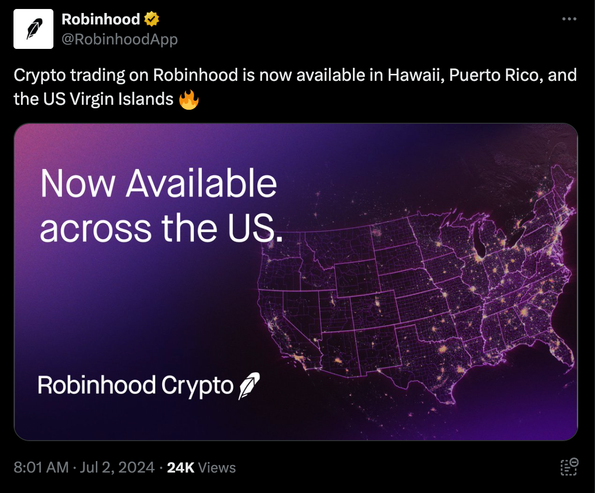 Robinhood Crypto теперь доступен на Гавайях и некоторых территориях США Robinhood Crypto теперь доступен на Гавайях и некоторых территориях США